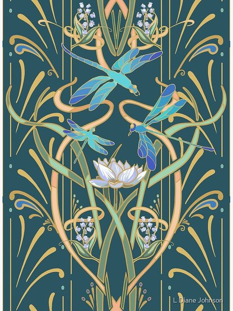 Fiori Art Deco, Fleurs Art Nouveau, Dragonfly Wallpaper, Diane Johnson, Motifs Art Nouveau, Illustration Art Nouveau, Dragonfly Pattern, Art Nouveau Interior, Nouveau Illustration