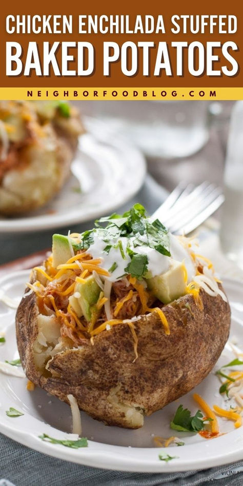 A weeknight dinner for family featuring crockpot shredded chicken! Complete with cheese, sour cream, and avocado, these Chicken Enchilada Stuffed Baked Potatoes are hearty and delicious. Save this easy potato recipe! Stuffed Baked Potato Ideas, Potato Recipes Cheesy, Breakfast Ideas With Potatoes, Healthy Potato Side Dishes, Potato Recipes For Dinner, Ideas With Potatoes, Easy Food To Cook, Veggie Side Recipes, Crockpot Shredded Chicken