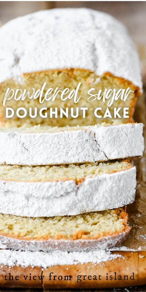 Powdered Sugar Doughnut Loaf Cake is an easy quick bread recipe that tastes just like the powdered sugar doughnuts you loved as a kid! Easy Baked Breakfast, Loaf Bread Recipes Easy, Sweet Breads To Make, Yummy Dessert Ideas, Powdered Donuts Recipe, Loaf Pound Cake Recipes, Quick Desserts Easy Simple, Easy Loaf Cake Recipes, Easy Breakfast Cake