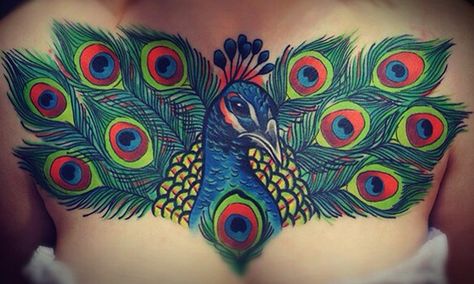 Peacock Chest Tattoo Female, Peacock Stomach Tattoo, Peacock Chest Tattoo, Peacock Back Tattoo, River Witch, Chest Tattoo With Meaning, Tattoo Peacock, Best Chest Tattoos, Peacock Tattoo