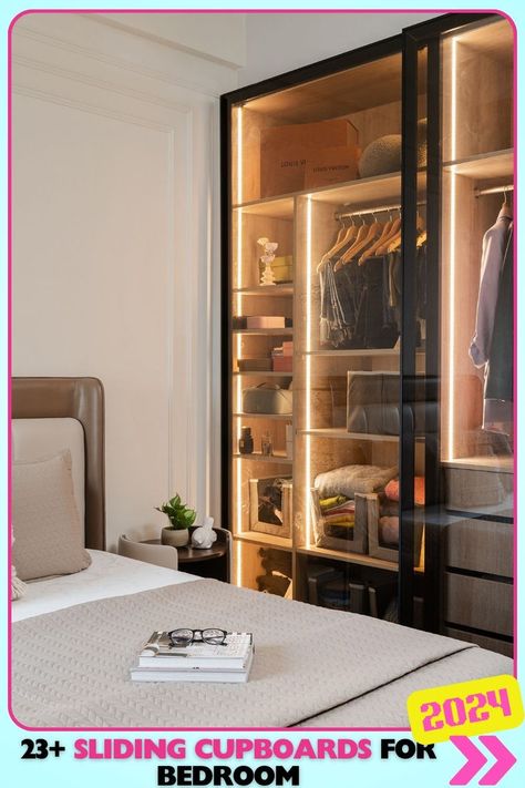 Clear glass sliding cupboard for bedroom with internal lighting. The transparency and built-in lighting make this a high-end storage solution, perfect for displaying and organizing your wardrobe while keeping the space bright and open. Transparent Wardrobe, Cupboard For Bedroom, Glass Sliding Wardrobe, Cupboard Lighting, Sliding Cupboard, Cupboard Ideas, Ideas For Bedrooms, Glass Wardrobe, Glass Cupboard