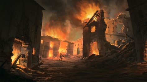 Anime Battle Scene, Burning Village, Ruined Village, Yuumei Art, Thumbnail Background, Anime Places, Episode Backgrounds, Scenery Background, Visual Aesthetics