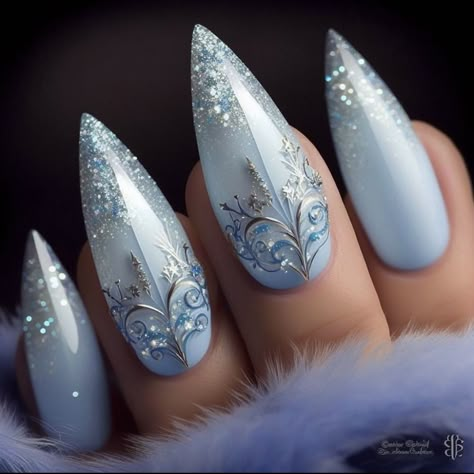 Ice Cycle Nails, Fantasy Nail Art Designs, Snow Inspired Nails, Elsa Nails Frozen, Nutcracker Ballet Nails, Nail Art Elegant Classy Beautiful, Bridgerton Nails Ideas, Snowglobe Nails, Ice Nails Designs