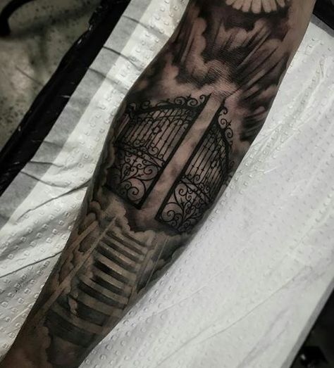 Gates Of Heaven Tattoo, Stairway To Heaven Tattoo, Mangas Tattoo, Outer Forearm Tattoo, Heaven Tattoos, Christian Sleeve Tattoo, Men Tattoos Arm Sleeve, Tattoo Inspiration Men, Forearm Sleeve Tattoos