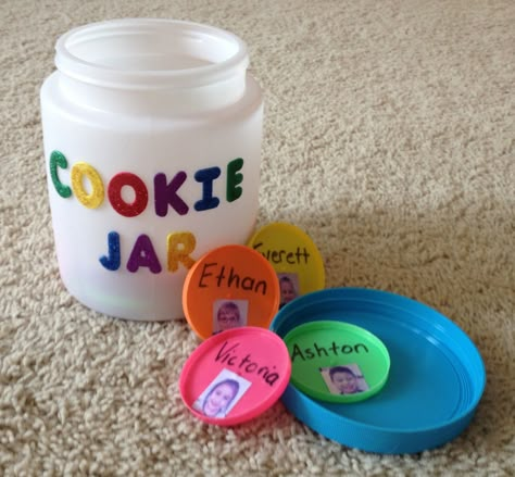 "Who stole the cookie from the cookie jar?" Get to know you game for kinder. Tip: add pictures for younger students who can't read. (This cookie jar was made from a dollar store container and the "cookies" are play-doh lids!) Preschool Containers Theme, Who Took The Cookie From The Cookie Jar Activities, Preschool Carpet Games, Who Took The Cookie From The Cookie Jar, Interactive Circle Time Preschool, Who Stole The Cookie From The Cookie Jar, Cookie Theme Preschool, Container Activities For Toddlers, Preschool Circle Time Games