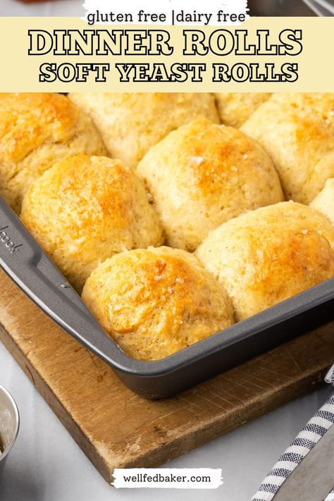 A square baking pan filled with gluten free dinner rolls sitting on a counter. Gluten Free Dinner Rolls Recipe, Gluten Free Yeast Rolls, Yeast Dinner Rolls, Easy Gluten Free Dinner, Dairy Free Thanksgiving, Gluten Free Dairy Free Dinner, Gluten Free Dinner Rolls, Dinner Roll Recipe, Gluten Free Rolls