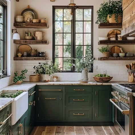 Mastering the Art of Dark Green Interior Design • 333+ Art Images Dark Green Kitchen Cabinets Wood Counter, Cozy Boho Kitchen Ideas, Dark Green Country Kitchen, Dark Blue Green Cabinets, Dark Green Cottage Kitchen, Green Kitchen With White Countertops, Dark Green Galley Kitchen, Green Cottage Kitchen Cabinets, Dark Color Cabinets Kitchen