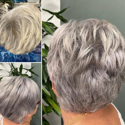 Over 70 Short Gray Layered Hairstyle Gray Bob Hairstyles Over 50, Thick Short Hair Cuts, Hair Stules, Grey Bob Hairstyles, Blonde Layered Hair, Boy Haircuts Short, 50 Hairstyles, Layered Haircuts For Women, Short Shaggy Haircuts