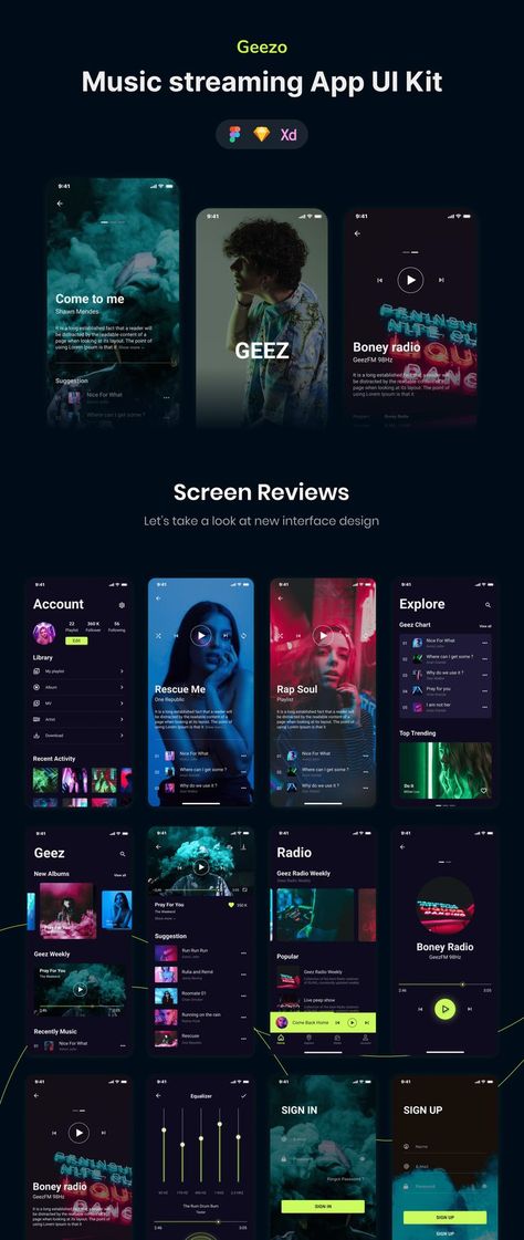 Geezo - Music streaming App UI Kit Geezo - Music streaming App UI Kit , Available for Sketch, Figma & Adobe XD, #streaming, #App, #UI, #Kit, #ad Ui Ux Design Trends, App Development Design, Music App Design, Ux Design Trends, Music Streaming App, Travel Website Design, Design Grid, Ui Design Trends, Ui Design Website