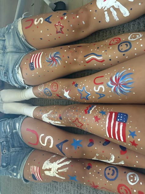 Stuff To Paint On Your Leg, School Spirit Day Face Paint Ideas, Fourth Of July Paint Ideas, Football Game Body Painting, Usa Face Paint For Football Games, Party In The Usa Outfit Spirit Week, Face Paint Ideas For Volleyball Games, Usa Hoco Theme, Face Paint Fb Game