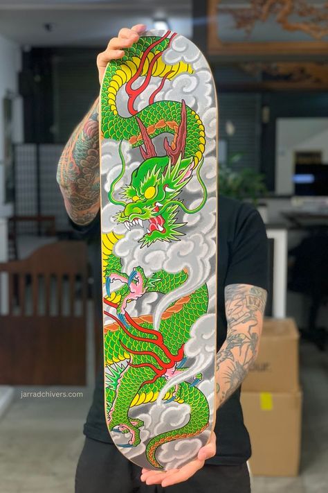 Handpainted skateboard, acrylic on ply. 
This took about 20 hours start to finish Dragon Skateboard, Skateboard Painting, Japanese Dragon Tattoo, Skateboard Wall Art, Japanese Dragon Tattoos, Tattoo Now, Japanese Dragon, Skateboard Design, Now Booking