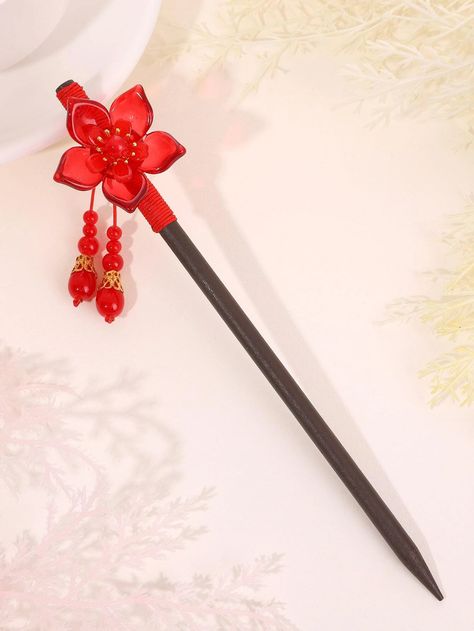 EMERY ROSE Flower Decor Hair Pin | SHEIN USA Wood Hair Pin, Vintage Indian Jewelry, Chinese Accessories, Hair Accessories Pins, Headpiece Diy, Chinese Hair Accessories, Beautiful Braided Hair, Chinese Hairstyle, Japanese Hairstyle