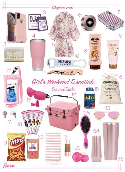 Everything you need and more for the best girls weekend! #girlsweekend #essentials #girlsweekendsurvivalguide #packsmart #bacheloretteweekend #pink #pinkthings #survivalguide #pinksurvivalguide #pinkgirlsweekend What To Bring To Bachelorette Weekend, Bachelorette Trip Packing List, Bachelorette Weekend Packing List, What To Pack For Bachelorette Weekend, Spa Weekend Packing List, Packing For Bachelorette Weekend, Bachelorette Beach Gift Bags, Bachelorette Trip Goodie Bags, Swag Bags For Women