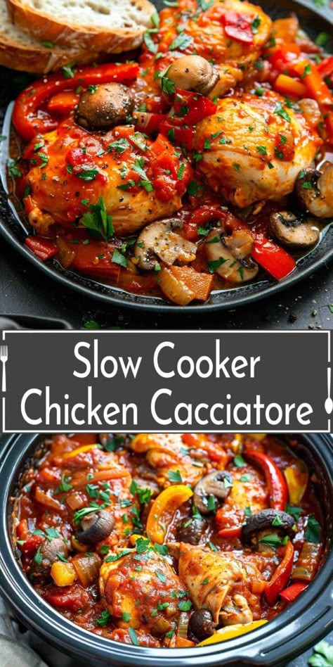 Gourmet Crock Pot Recipes, Roman Chicken Cacciatore, Slow Cook Chicken Cacciatore, Slow Cooker Chicken And Tomato Recipes, Chicken Cacciatore In Crockpot, Chicken Catchatori Crockpot Slow Cooker Easy Recipes, Crockpot Chicken And Tomatoes, Taste Of Home Slow Cooker Recipes, Slow Cooker Chicken Cattitore Recipes