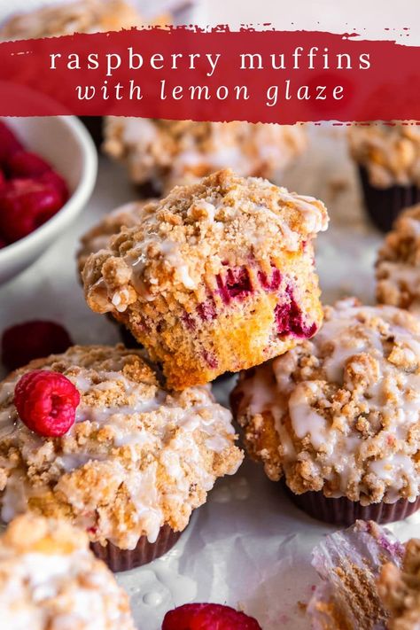 Topped with a simple streusel and lemon glaze, these lemon raspberry muffins are a delicious summer snack and ready in 30 minutes. Lemon Berry Muffins, Summer Muffin Recipes, Fruit Muffin Recipes, Raspberry Lemon Muffins, Costco Muffins, Berry Muffin Recipe, Raspberry Muffin Recipes, Raspberry Breakfast, Lemon Raspberry Muffins