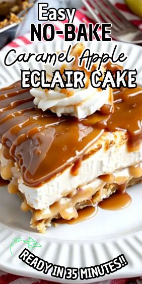 Easy No-Bake Caramel Apple Eclair Cake Caramel Apple Eclair Dessert, No Bake Caramel Apple Cake, No Bake Caramel Apple Lush, Carmel Apple Eclair Cake, No Bake Caramel Apple Pie, No Bake Caramel Apple Eclair Cake, Easy Eclair Dessert, Easy Eclair Cake, Eclare Cake Desserts