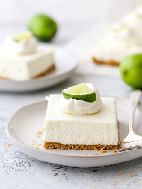 No-Bake Lime Cheesecake Bars Lime Cheesecake Bars, Key Lime Cheesecake Bars, Key Lime Pie Cheesecake, Key Lime Bars, Key Lime Pie Bars, Completely Delicious, Lime Desserts, Cheesecake Squares, Key Lime Cheesecake