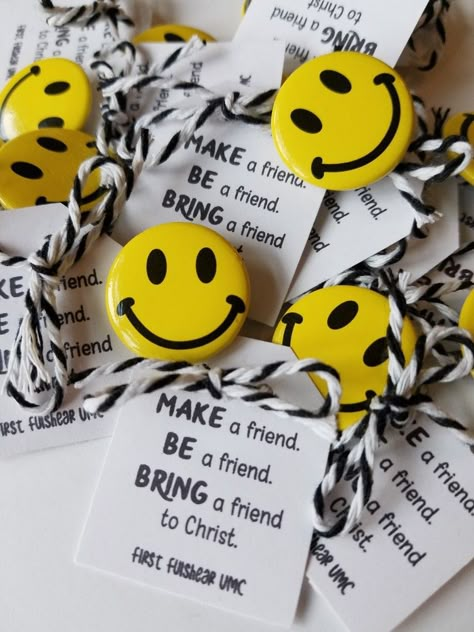 Agape idea for Christian Action talk. Mini smiley face buttons from Oriental  Trading Company and punched cardstock tags: make a friend, be a friend, bring a friend to Christ. Emmaus walk 108. Worship Team Appreciation Gifts, Mini Company Ideas For School, Christian Goodie Bag Ideas, Chrysalis Agape Ideas, Evangelizing Ideas, Agape Ideas Emmaus, Agape Gifts Emmaus, Walk To Emmaus Agape Ideas, Emmaus Agape Ideas