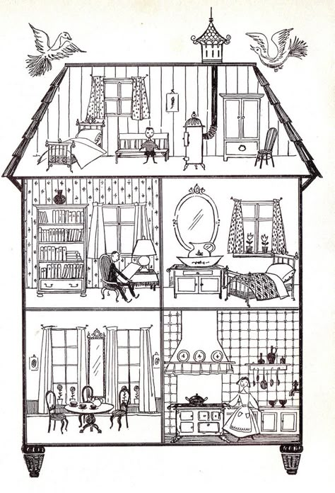 https://flic.kr/p/6ds8E1 | dollshouse l950ies | illustration from chrildrensbook " ons jeugdboek"A D Hildebrand jaren 50 Dolls House Illustration, Doll House Illustration, Doll House Drawing, Map Of House, Dollhouse Illustration, Dollhouse Drawing, Map Game, House Colouring Pages, Barbie Doll House