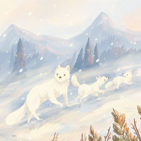 Raahat Kaduji ↟ Illustrator en Instagram: “Day 1 - Through the Snow . Happy Animal Adventures Week! 📯🌟🌿 This year, I'm featuring new animals for each prompt and decided to start off…” Snow Illustration, Paint Pencil, Fox Family, Prompt List, Snow Art, Fox Illustration, June 1st, Creative Challenge, Arctic Animals