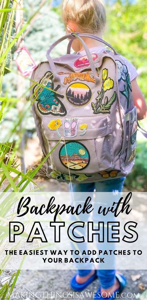 DIY Cute Backpack With Patches for Your Kiddos First Day of School - Making Things is Awesome How To Iron On Patches To Backpack, Iron On Patches Backpack, Backpack Personalization Diy, Travel Patches Backpack, Diy Backpack Accessories, How To Decorate Backpack, Backpack Customize Ideas, Backpack Decoration Ideas, Customize Backpack