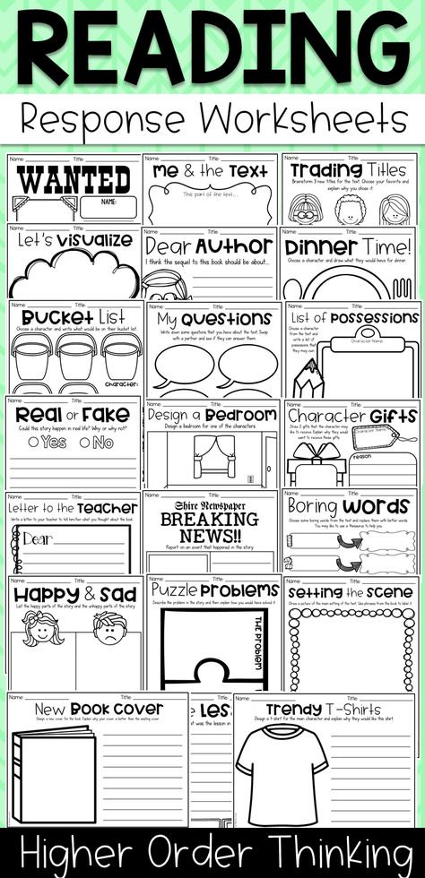 Get your students thinking critically about reading with these HOTS reading response sheets. There's lots of activities related to character, plot, vocabulary, reading strategies and more. Hot Reading, Reading Response Worksheets, Reading Response Activities, Guided Reading Activities, Reader Response, Higher Order Thinking Skills, Third Grade Reading, Higher Order Thinking, Teaching Language Arts