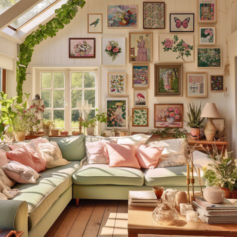 Uk Style Home Decor, Art Print Wall Bedroom, Pink Green Gallery Wall, Pink Green House Aesthetic, Accent Color Furniture, Pink Green Cottagecore, House Inspo Colorful, Cottagecore House Decor Living Room, English Home Aesthetic