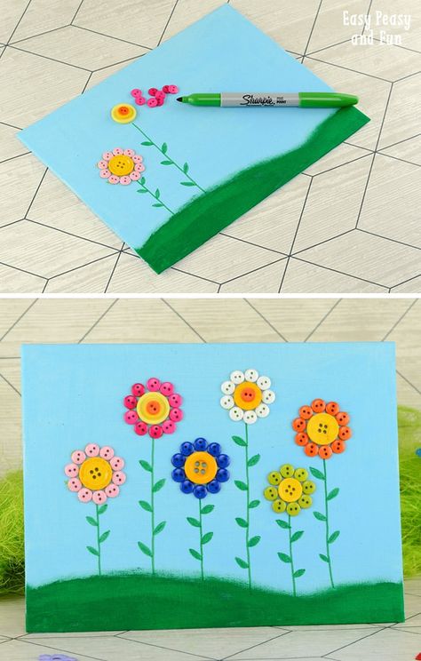 Button Crafts For Kids, Flowers Canvas Art, Kids Canvas Art, Anniversaire Diy, Creative Kids Crafts, Flower Canvas Art, Project For Kids, Spring Crafts For Kids, Flowers Canvas