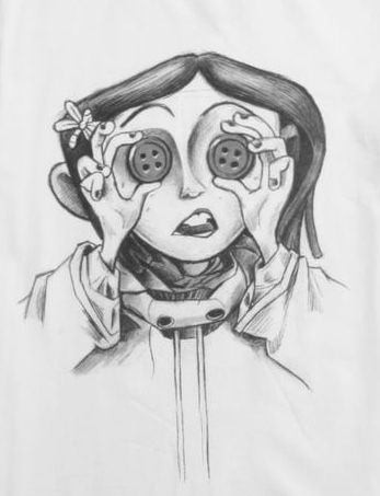 Cool Things To Draw Halloween, Coraline With Button Eyes Drawing, How To Draw Like Tim Burton, Caroline Sketch, Tim Burton Art Drawings, Beetlejuice Art Drawings, Tim Burton Aesthetic Drawing, Coraline Drawing Ideas, Coraline Art Drawings