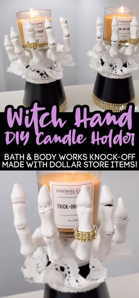 Like The Bath & Body Works One! Bathroom Halloween Decor Diy, Bath And Body Works Candle Holder Diy, Bath And Body Candle Holders Diy, Skeleton Hand Candle Holder Diy, Dollar Store Candle Ideas, Halloween Restroom Decor, Bath And Body Works Candles Reuse, Gothabilly Wedding, Diy Halloween Candles