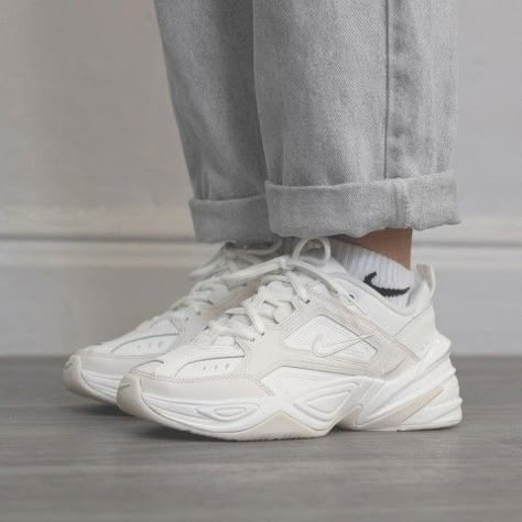 Nike M2K Tekno White White Korean Shoes, Men Shoes Outfit, Korean Footwear, Gucci Men Shoes Sneakers, Nike M2k Tekno White, Types Of Footwear, Women Kurti, Men Shoes Sneakers, Nike M2k