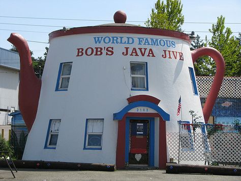 Untitled  World Famous Bob's Java Jive  A favorite landmark in Tacoma, on historic South Tacoma Way. Novelty Architecture, Giant Things, Architecture Unique, Washington State Travel, Teapots Unique, Unusual Buildings, Tacoma Washington, Dive Bar, Unique Buildings