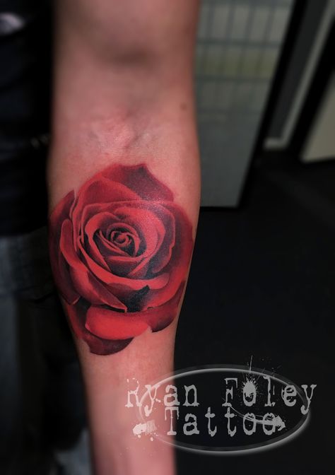 Realistic rose tattoo by Ryan Foley, Ryan Foley Tattoo Realistic Red Rose Tattoo, Colorful Rose Tattoos, Rose Tattoo On Back, Roman Tattoo, Rose Tattoo Forearm, Rose Tattoo On Arm, Realistic Rose Tattoo, Roses Only, Design Tattoos