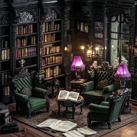 gothic black and green themed Victorian library, violet lamps and lights, high detail Gothic Dollhouse Interior, Dark Purple Library Aesthetic, Victorian Gothic Bookshelf, Green Library Lamp Aesthetic, Victorian Library Gothic Dark, Gothic Library, Victorian Library, Miniature Rooms, Miniature Books