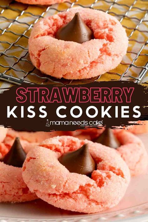 These Strawberry Kiss Cookies are easy to make and use strawberry cake mix. Hershey Kisses are placed in the middle of each cookie for some chocolatey goodness! These cookies are a fun Valentine’s Day treat. Try out this mouthwatering recipe today! Peppermint Brownie Cookies, Kiss Cookie Recipe, Strawberry Cake Mix Cookies, Peanut Butter Blossom Cookies, Peppermint Brownies, Strawberry Cake Mix, Kiss Cookies, Blossom Cookies, Strawberry Cookies