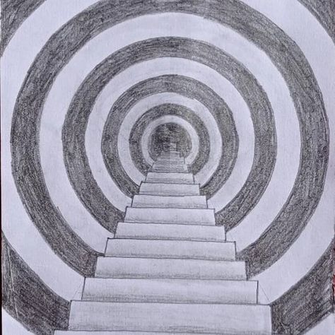 Illusion Of Space Drawing, Endless Hallway Illusion, Staircase Drawing Easy, Infinite Stairs, Stairs Illusion, Drawing Stairs, Staircase Drawing, How To Draw Stairs, 3d Sketch