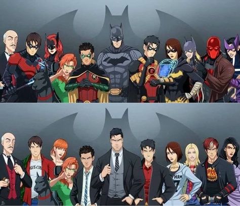 Batifamilia completa Batman Family Fanart, Univers Dc, Batman Funny, Batman Universe, Dc Comics Artwork, Bd Comics, Damian Wayne, Batman And Robin, Superhero Comics