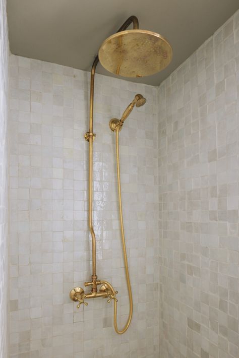 A Beautiful Hudson Valley Remodel, by Upstate Down Design Firm Shower Renovation Ideas, Unlacquered Brass Shower, Bathroom Renovation Shower, Brass Shower System, Shower Renovation, Brass Shower Head, Shower Style, Deco Bathroom, Shower Fixtures