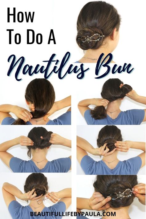 How to do a Nautilus Bun, step-by-step! This is a great hairstyle for long hair! Easy wrap around bun! | Nautilus Bun tutorial Nautilus Bun Tutorial, Natural Hair Styles Bun, Nautilus Bun, Hair Scrunchie Hairstyles, Sketch Bases, Hair Styles Bun, How To Bun, Knotted Bun Tutorial, Sock Buns