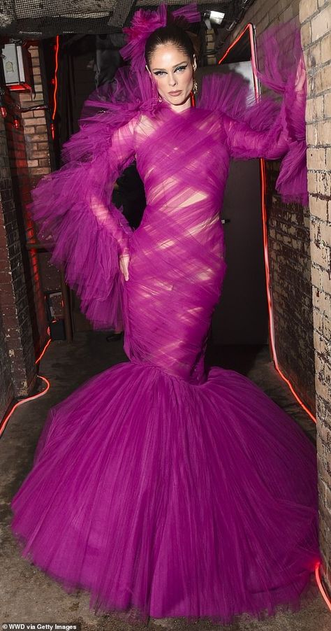 Coco Rocha poses up a storm in a magenta pink chiffon gown at the Mulberry bar at Met Gala afterparty | Daily Mail Online Coco Rocha Poses, Pink Chiffon Gown, Met Gala Afterparty, Dramatic Winged Eyeliner, Lala Anthony, Black Stiletto Heels, Miss Usa, Pink Chiffon, Pink Collection