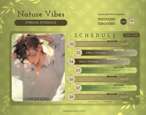 Nature Vibes Stream Schedule | Vtuber Schedule | Simple Weekly Schedule For Streamers | Cute Pastel Gren Colors| Canva and PSD included Vtuber Schedule Design, Vtuber Schedule, Stream Schedule Template, Stream Assets, Stream Schedule, Boys Artwork, Instagram Schedule, Nature Vibes, Weekly Schedule