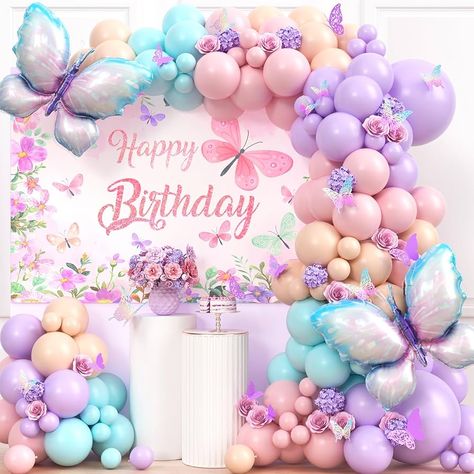 Amazon.com: ESAG Butterfly Birthday Decorations Party Supplies for Girls Women - 152Pcs Pastel Pink and Purple Balloon Arch Kit Backdrop Butterfly Wall Decor Large Foil Balloons Butterfly Theme Party Decorations : Toys & Games Butterfly Theme Party Decoration, Purple Balloon Arch, Happy Birthday Butterfly, Butterfly Theme Birthday, Backdrop Butterfly, Butterfly Backdrop, Balloons Purple, Butterfly Birthday Decorations, Dreamy Birthday