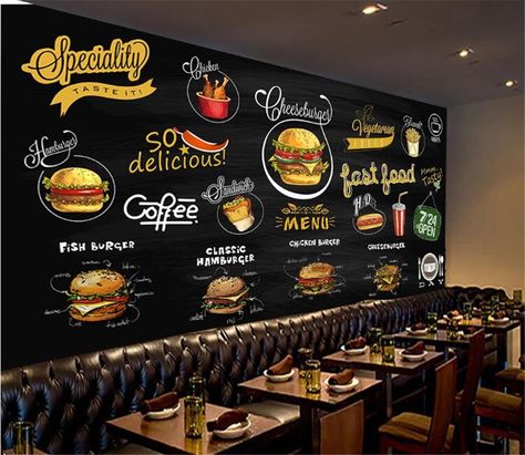 Custom Mural Wallpaper 3d Hand painted Blackboard Western Restaurant Pizza Hamburger Fast Food Shop Background Wall Paper 3D|Wallpapers| - AliExpress Fish Burger, Western Restaurant, Small Restaurant, Doner Kebab, Custom Murals, Fast Food Restaurant, Coffee Tasting, Snack Bar, Kitchen Wallpaper