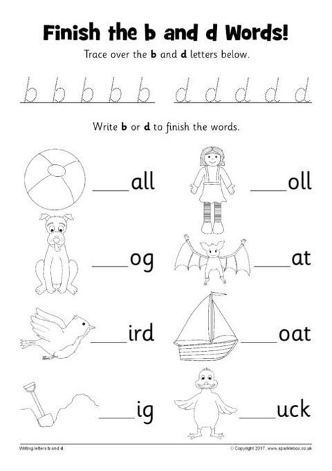 Finish the Words Worksheets – b and d (SB12229) - SparkleBox D And B Worksheets, B D Worksheets, Pp2 English Worksheets, B And D Confusion Worksheets, B And D Activities, Pp2 Worksheets, B And D Worksheets, Ks1 Worksheets, B And D Confusion