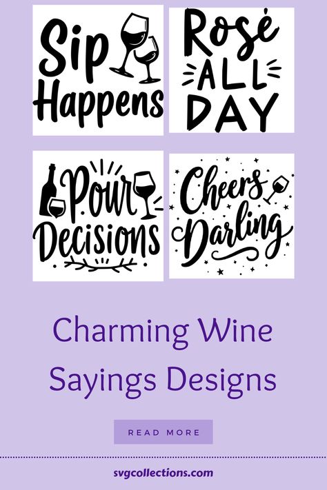 Explore a delightful collection of Wine Sayings SVG Designs that brings humor and creativity to your craft projects! Ideal for anyone who loves wine, these charming designs feature catchy quotes and witty phrases like 'Sip Happens' and 'Good Friends and Good Wine.' Perfect for personalizing wine glasses, T-shirts, or home décor, these designs inspire crafting for all occasions. Transform your special moments with heartfelt keepsakes that celebrate wine culture, enhancing gatherings and creating lasting memories. Let your imagination flourish as you connect with fellow wine enthusiasts through your creative expressions! Wine Sayings Svg, Catchy Quotes, Grape Ice Cream, Darling Charming, Wine Sayings, Sip Happens, Witty Sayings, Book Svg, Wedding Wine Glasses