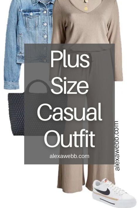 Plus Size Taupe Jumpsuit Outfits 1 - A comfortable plus size jumpsuit with Nike platform sneakers and a denim jacket. A great outfit idea for traveling or running errands. Alexa Webb Plus Size Casual Outfits Spring Sneakers, Jumpsuit With Jacket Outfit, Plus Size Casual Outfits Spring, 2xl Women Plus Size Outfits, Plus Size Travel Outfits, Nike Platform Sneakers, Nike Platform, Travel Outfit Plus Size, Plus Size Travel