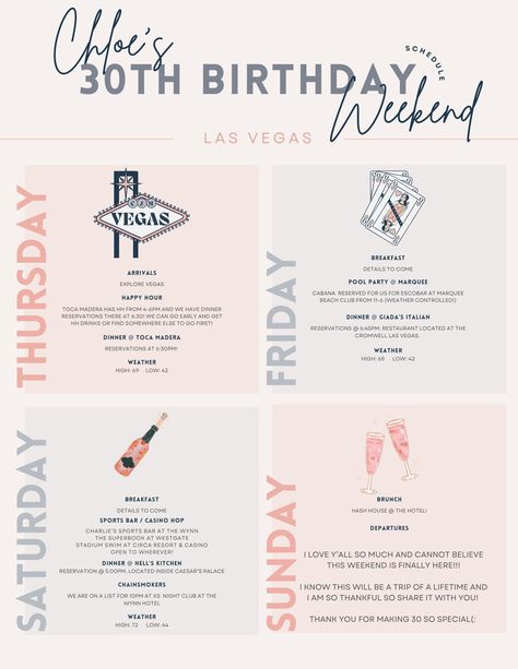 I first made this template for my 30th birthday and I had a coworker asked me to make one for their 40th and it was PERFECT! A game changer when figuring out what to pack and let's all guests know what to expect each day! I can change any colors you want and I can use your personal invitations or requests as needed for colors and font matching! I just need your desired itinerary with as much detail as you can provide! Perfect for birthdays, bachelorettes/bachelors, weekend trips, etc! Can be used for any location! 21st Birthday Weekend Itinerary, 30th Birthday Itinerary, Birthday Weekend Ideas, Birthday Trip Itinerary, 30th Birthday Weekend, Birthday Itinerary Template, 30th Birthday Trip, 21 Bday Ideas, Birthday Weekend Itinerary