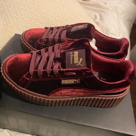 Inclusive Fenty Rihanna Red Velvet Sneakers, Brand New , Never Worn, With The Box And The Bag, Size Women’s 6 Fenty Shoes, Puma Fenty Shoes, Fenty Puma Shoes, Fenty X Puma Runway, Puma Rihanna Fenty, Fenty Rihanna, Burgundy Sneakers, Puma Rihanna, Velvet Sneakers