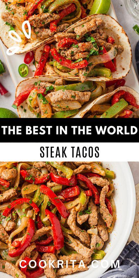 Craving a delicious taco night? Try this quick and easy steak taco recipe! Juicy, seasoned steak strips topped with fresh avocado, salsa, and cilantro on a warm tortilla. Perfect for a weeknight dinner or a weekend treat. 🌮 #SteakTacos #EasyRecipes #TacoTuesday #QuickDinner #MexicanCuisine #HomemadeTacos Steak Tacos Recipes Easy, Steak Tacos Recipes, Easy Steak Tacos, Steak Taco Seasoning, Tacos At Home, Seasoned Steak, Steak Taco Recipe, Steak Taco, Steak Strips