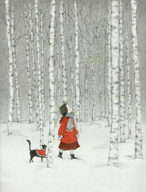 Celebrate Each New Day — Artist S. Hee A Girl And Her Dog, Girl And Her Dog, Winter Drawings, Winter Illustration, 수채화 그림, Birch Trees, Drawing Artist, Winter Art, Art And Illustration